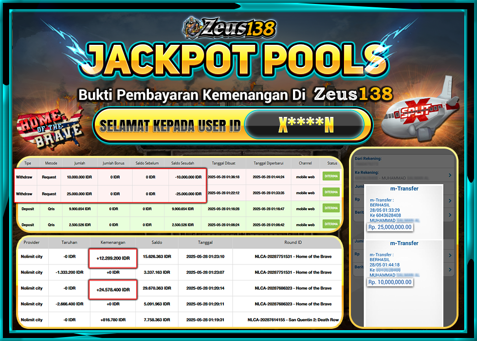 ZEUS138 HOME OF THE BRAVE Rp.35.000.000,- LUNAS